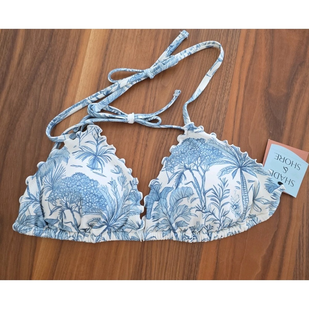 Shade & Shore Women's Blue & White Floral Bikini Top Size L